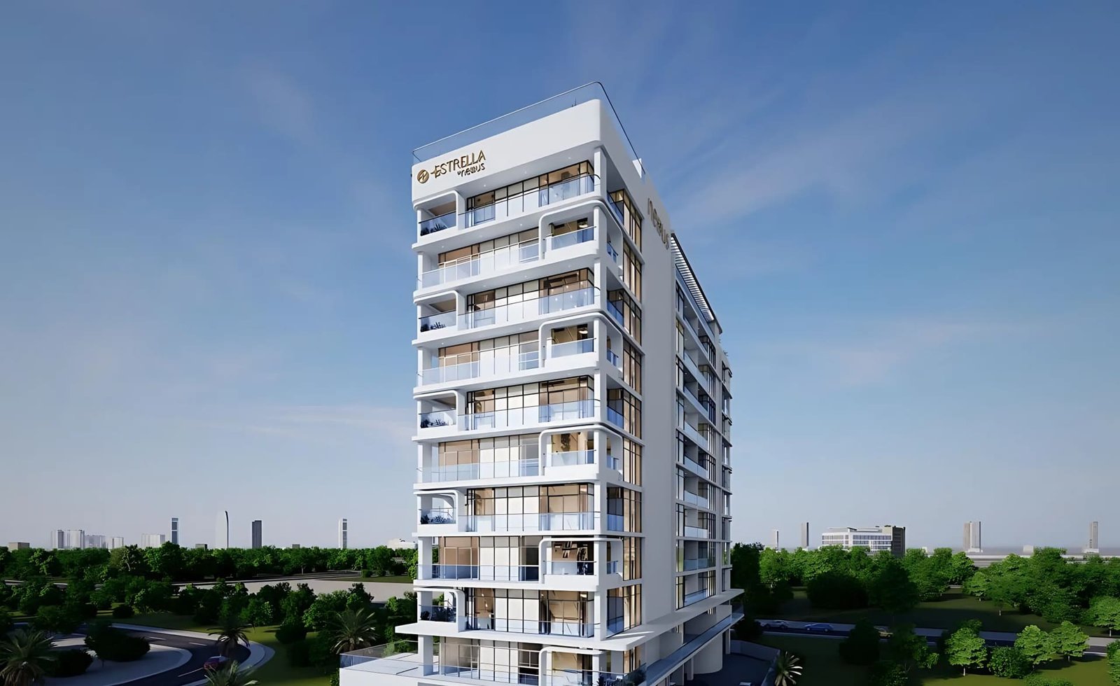 Estrella by Nexus — boutique G+10 residential building in Majan, Dubailand, surrounded by greenery