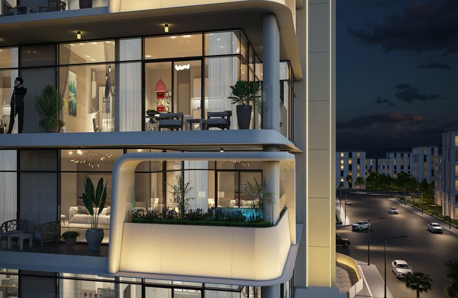 Estrella facade at night with plunge-pool balcony