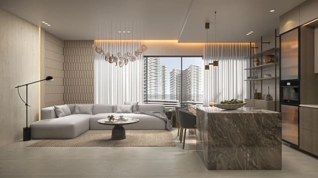 Open-plan kitchen and living room of a one-bedroom residence at Estrella